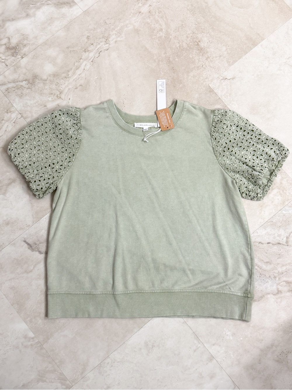 NWT Jane + Delancey Sage Green Eyelet Puff Sleeve Top Large Cottagecore Coastal - Picture 2 of 7
